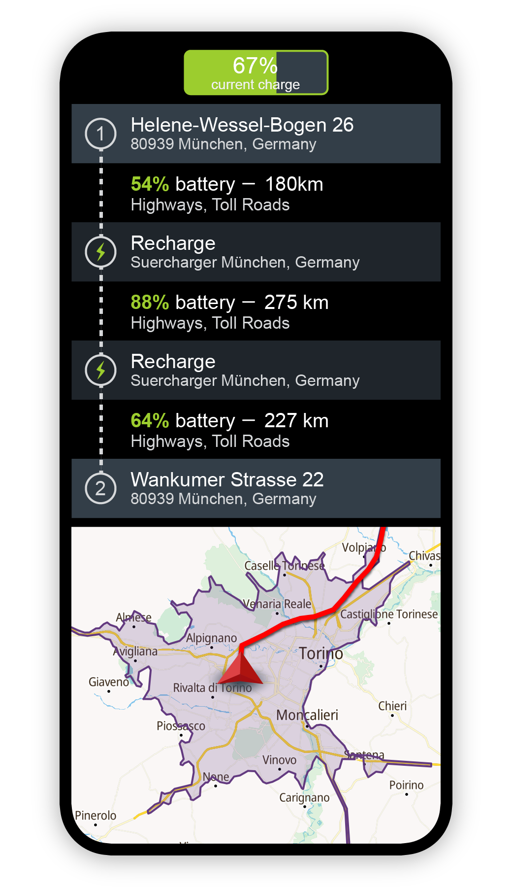 Electric car charging points and reachable area within Genius Maps navigation