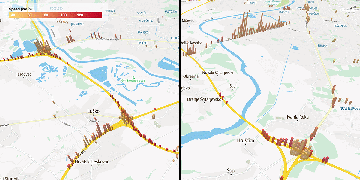 The map of locations with the most speeding events for Zagreb